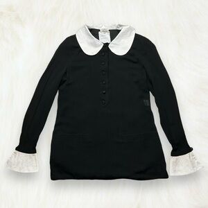 1980s Valentino boutique black button up blouse with white Peter Pan collar